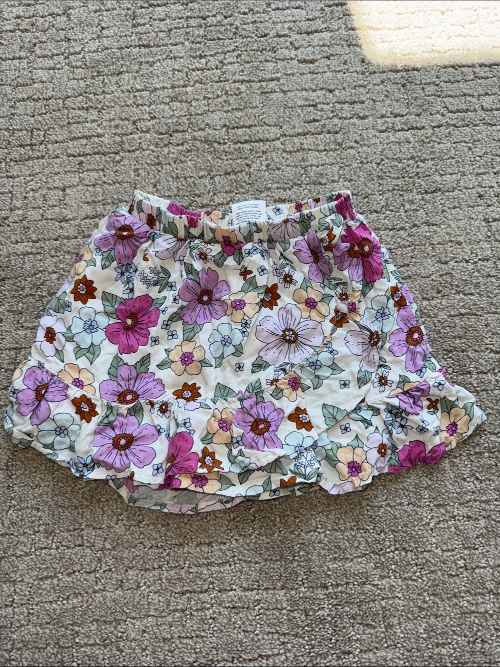 Girls Floral Ruffle Skort in Cream with Pink & Purple Flowers